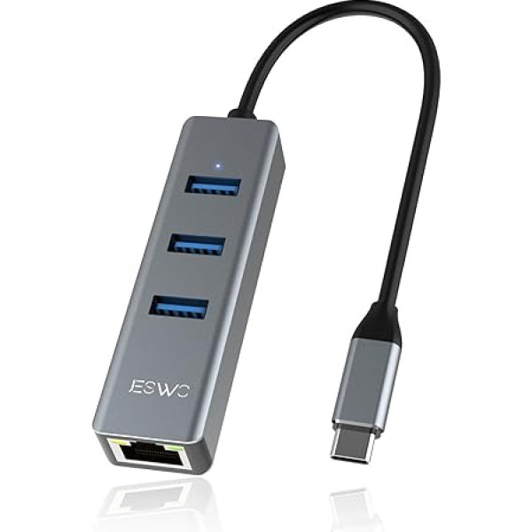 USB C uz Ethernet adapteris - JESWO alumīnija USB C centrmezgls ar RJ45 gigabitu tīkla LAN portu, 3 USB 3.0 pieslēgvietas, saderīgs ar Windows 10/8, Mac OS, iPad OS, Chrome OS, Linux utt.