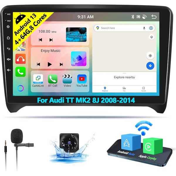 4+64G 8 Core Android 13 Radio 2DIN Audi TT MK2 8J 2008-2014 Bezvadu CarPlay Android auto radio ar ekrānu 9 collu atbalsts Bluetooth GPS FM RDS WiFi SWC DSP/EQ + atpakaļgaitas kamera