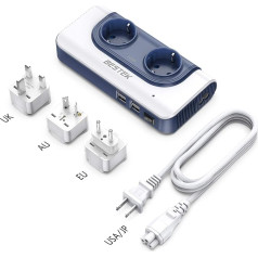 BESTEK 200 W ceļojuma sprieguma pārveidotājs no 120 V uz 240 V ar 2 ES rozetēm un 4 USB pieslēgvietām, universāls visā pasaulē, piemērots ASV, AK, ES, ĀS, CN, zils