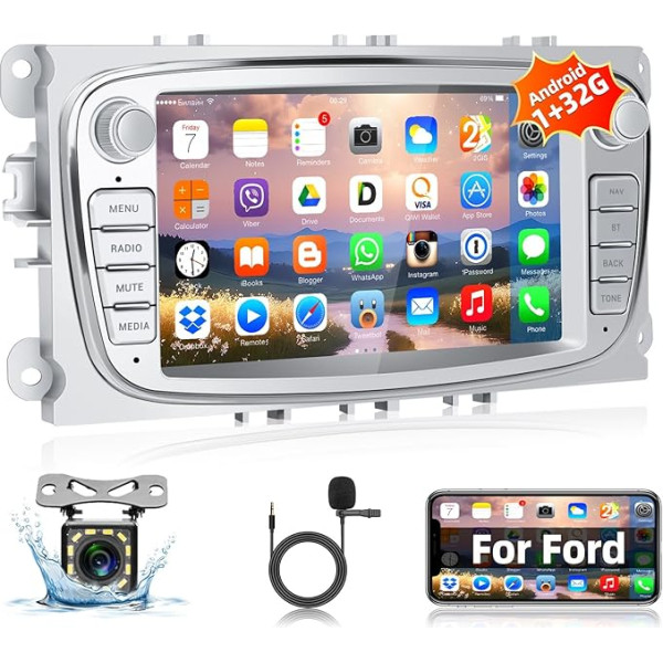 Podofo 1+32G Android autoradio priekš Ford Focus C-max S-max Galaxy Fusion Fiesta Mondeo Kuga Transit Connect ar GPS navigāciju, 7 collu skārienekrāna radio ar Bluetooth, WiFi + atpakaļgaitas kamera, sudraba krāsā