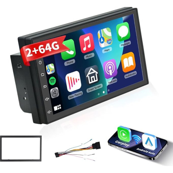 Podofo 2 DIN Android auto radio 2G + 64G Carplay Android auto HiFi 7 collu skārienjūtīgais ekrāns GPS WiFi Bluetooth FM RDS Radio Dual USB Double DIN auto radio video atskaņotājs + ISO adaptera kabelis + rāmis