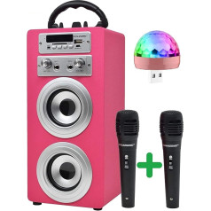 DYNASONIC - (3. paaudzes pārnēsājamais Bluetooth skaļrunis ar karaoke režīmu un mikrofonu, FM radio un USB SD lasītāju (rozā modelis, disko gaisma)