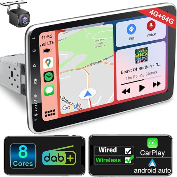 Android auto radio ar navigāciju 10 collu ekrāns Iebūvēts DAB+ bezvadu Android Car & Wireless Carplay 1 DIN auto radio Touch Display ar Bluetooth 8 Core 4G + 64G WiFi 4G GPS 4G AM/FM RDS