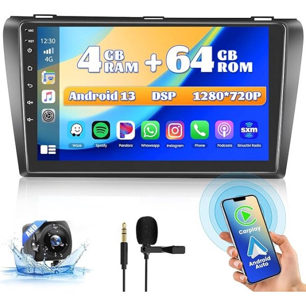 Hikity 9 collu Android 13 auto radio ar satelīta navigāciju Mazda 3 2003-2009, 8-core 4G+64G, Wireless CarPlay un Android Car, skārienjūtīgais ekrāns DSP 32EQ RDS atpakaļgaitas kamera