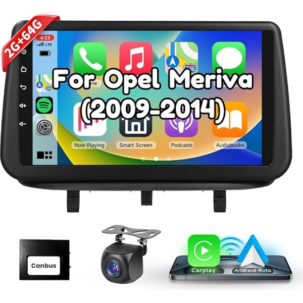 Podofo Carplay auto radio Opel Meriva 2010-2014, 9 collu skārienjūtīgais ekrāns, auto radio 2G + 64G ar bezvadu Carplay Android Car, Bluetooth/GPS/WiFi/FM/SWC/HiFi/USB+atgriešanas kamera