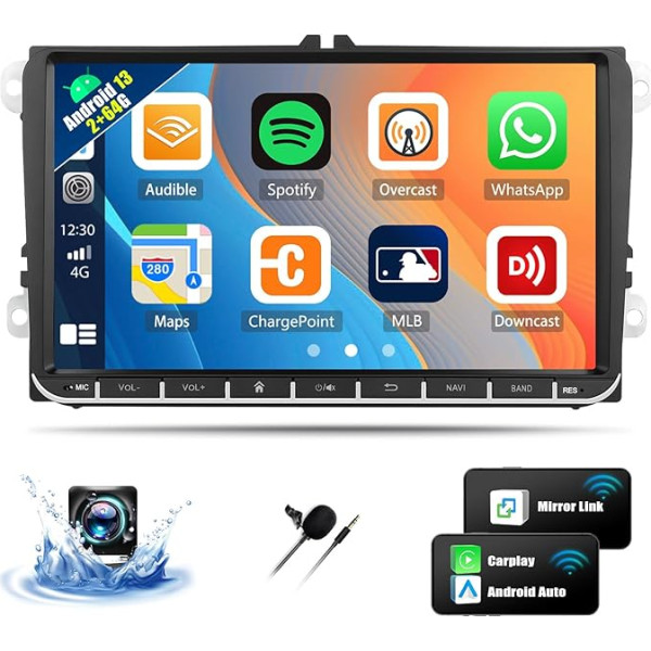 OiLiehu 2+64G Android 13 Wireless CarPlay Android auto radio VW Passat Golf Skoda Polo 9 collu IPS skārienjūtīgais ekrāns ar navigāciju Mirror Link Bluetooth WiFi FM RDS SWC USB EQ + atpakaļgaitas kamera