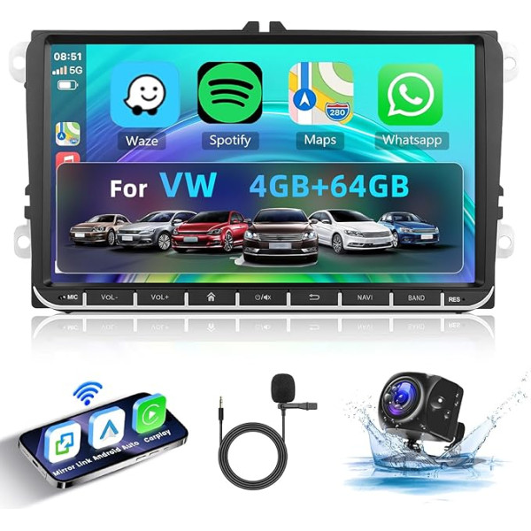 Hodozzy 4GB + 64GB Android auto radio VW Golf 5 6 Passat B6 B7 Jetta Polo Touran Caddy Sharan Seat 9 collu skārienjūtīgais ekrāns ar Carplay Android auto navigācija WiFi Bluetooth FM/RDS DSP Canbus atpakaļgaita