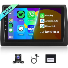 Hodozzy 2G + 64G Android auto radio Fiat Stilo 2002-2010 Bezvadu Carplay Android automašīnai, 9 collu skārienjūtīgais ekrāns ar GPS navigāciju WiFi Bluetooth Mirrorlink Hifi FM RDS Canbus ar atpakaļgaitu