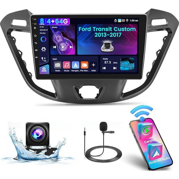 NHOPEEW 4 + 64G Android 13 auto radio Ford Transit Custom 2013-2017 - Wireless Carplay & Android Car - 9 collu skārienjūtīgais ekrāns ar EQ WiFi WiFi GPS FM RDS Mirror Link + AHD aizmugures skata kamera un mikrofons