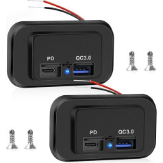 2 x Dual USB auto lādētāja kontaktligzda QC 3.0 un PD Type-C divu portu USB auto lādētāja adapteris 12V-24V ātrās uzlādes ligzdas panelis ar atsperu vāku autofurgonam, laivai, treilerim, jūras transportlīdzeklim