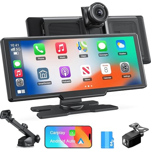 9'' Apple Carplay bezvadu autoradio, 4K Dashcam, 1080P Rückfahrkamera, Sprachsteuerung, skārienjūtīgais ekrāns, Android Auto, GPS navigācija, Bluetooth radio, Mirror Link/AUX/FM/mit 64GB SD karte