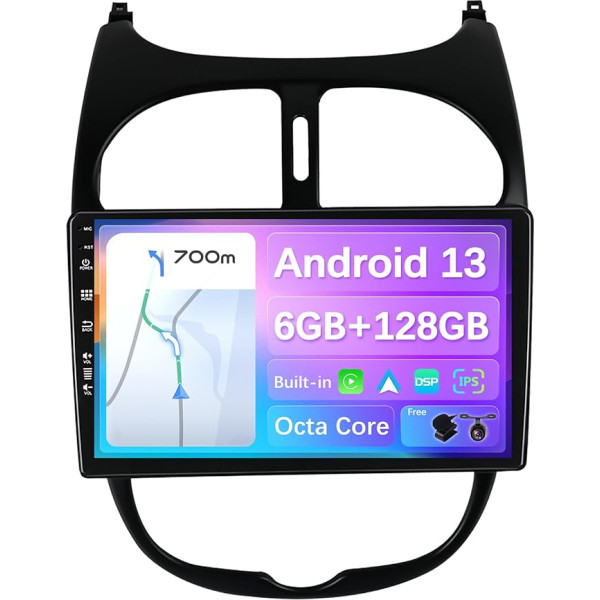 BXLIYER - [6G + 128G Octa-Core] - Android 13 IPS auto radio piemērots Peugeot 206 (2002-2010) - Bezvadu CarPlay/Android Car - Kamera un mikrofons - 9 collu 2 DIN - DAB stūres vadības stūres rats Fast Boot 360-CAM WiFi