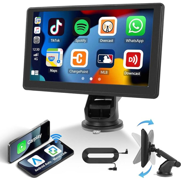 CAMECHO Bezvadu Carplay Android pārnēsājamais auto radio, 7 collu HD skārienjūtīgais ekrāns ar Bluetooth Mirror Link GPS Sat NAV FM raidītājs AUX, USB, SD, C tipa USB, SD, C tips