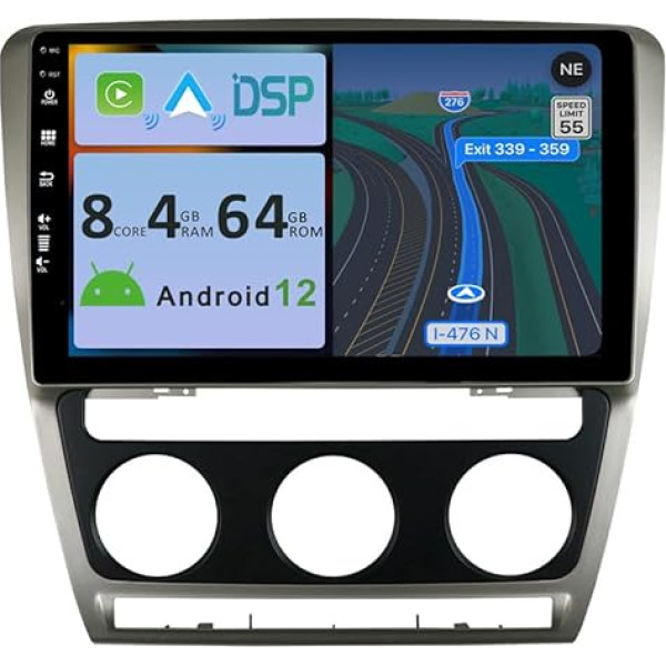 YUNTX [4GB+64GB] Android 12 auto radio Skoda Octavia 2 (2007-2013)-2 Din [Integrēts bezvadu CarPlay/Android Car/DSP/GPS] 10.1 collu IPS 2.5D kamera + MIC-DAB/L. Stūres vadība/360 kamera/MirrorLink