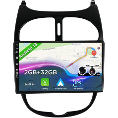 JOYX Android 12 IPS auto radio piemērots Peugeot 206 (2002-2010) - iebūvēts bezvadu CarPlay Android automašīnai - bezmaksas kamera - 2G + 32G - 9 collu 2 DIN - DAB stūres vadības stūres rats 4G WiFi Fast Boot