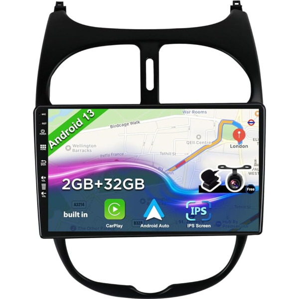 JOYX Android 12 IPS auto radio piemērots Peugeot 206 (2002-2010) - iebūvēts bezvadu CarPlay Android automašīnai - bezmaksas kamera - 2G + 32G - 9 collu 2 DIN - DAB stūres vadības stūres rats 4G WiFi Fast Boot