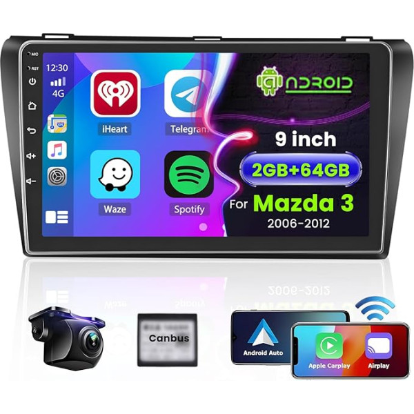 Hikity [2G + 64G] Android 13 auto radio ar bezvadu Carplay Android auto Mazda 3 2006-2012 9 collu auto radio ar GPS navigāciju Bluetooth WiFi RDS HI-FI FM 2USB SWC aizmugures skata kamera