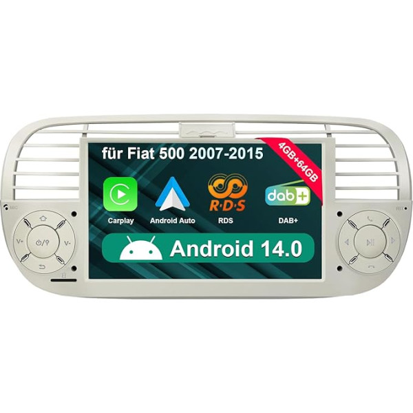 Android 14 Bezvadu Carplay auto radio Fiat 500 2007-2015 ar 7 collu QLED skārienjūtīgo ekrānu WiFi Bluetooth DAB+SWC GPS navigācijas atbalsts Bezvadu Android auto brīvroku kamera atpakaļgaitā (balta)