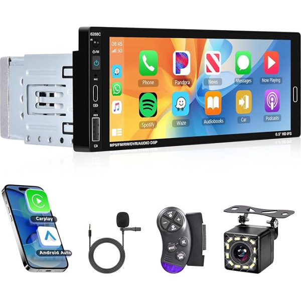 Hodozzy 1 DIN auto radio ar bezvadu Carplay un Android Car 6,86 collu HD skārienjūtīgais ekrāns ar Bluetooth, DIN 1 auto radio Mirrrorlink, balss vadība, FM/EQ SWC AUX/TF karte/USB + atpakaļgaitas kamera