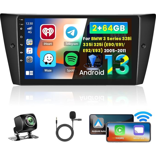 Inefala 2 + 64G Android CarPlay Radio für BMW 3er 328i 335i 325i 2005-2011, 9-Zoll-Touchscreen mit Wireless CarPlay und Android Auto, unterstützt GPS-Navigation Link Spiegel RDS Wi-Fi DSP