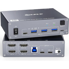 YOUTINGHDAV KVM slēdzis 2 PC 2 monitoriem USB C, KVM slēdzis diviem monitoriem portatīvajam datoram un datoram, USB 3.0 MST Dual 4K @ 60Hz, C tipa 60W uzlāde portatīvajam datoram, HDMI KVM slēdzis USB C ar vadu tālvadības pulti, alumīnija