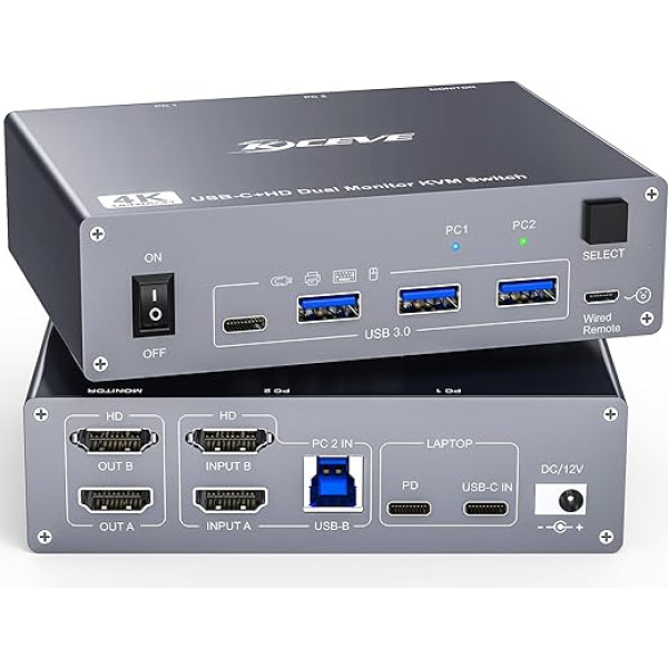 YOUTINGHDAV KVM slēdzis 2 PC 2 monitoriem USB C, KVM slēdzis diviem monitoriem portatīvajam datoram un datoram, USB 3.0 MST Dual 4K @ 60Hz, C tipa 60W uzlāde portatīvajam datoram, HDMI KVM slēdzis USB C ar vadu tālvadības pulti, alumīnija