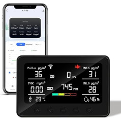 2024 Upgrade CF-30 gaisa kvalitātes mērītājs, konfigurācijas un datu vēstures lietotne, piesārņotāju mērītājs nosaka putekšņus, CO2, PM2.5, PM1.0, TVOC, temperatūru, mitrumu, CO2 detektoru.
