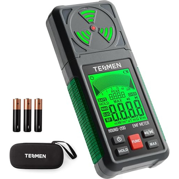 TESMEN HOUND-200 EMF mērītājs, 3-in-1 pārnēsājams elektromagnētiskā lauka starojuma detektors EF RF MF, WiFi signālam, ko izmanto mājas un āra EMF pārbaudēm un spoku medībām - zaļš