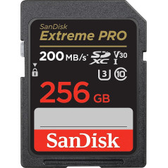 SanDisk Extreme PRO SDXC UHS-I 256 GB atmiņas karte (V30, 200 MB/s datu pārraides ātrums, U3, 4K UHD video, SanDisk QuickFlow tehnoloģija, izturīga pret temperatūru)