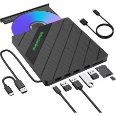 inaepeak 8 in 1 išorinis CD DVD diskas nešiojamajam kompiuteriui, USB 3.0 DVD įrašymo įrenginys su 4 USB prievadais/2 TF SD kortelių skaitytuvu/1 C tipo prievadu, išorinis USB CD diskas nešiojamajam kompiuteriui/PC/Mac/Windows/Linux/OS