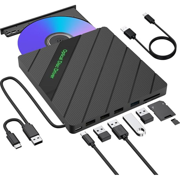 inaepeak 8 in 1 ārējais CD DVD diskdzinis klēpjdatoram, USB 3.0 DVD ierakstīšanas ārējais disks ar 4 USB pieslēgvietām/2 TF SD karšu lasītājs/1 C tipa pieslēgvieta, CD disks ārējais USB portam klēpjdatoram/PC/Mac/Windows/Linux/OS