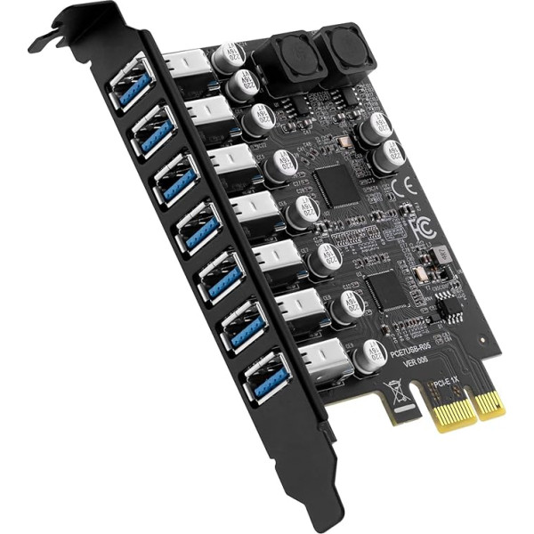 SupaGeek 7-Port USB 3.0 PCIe paplašināšanas karte, PCI Express savienotājs USB 3.2 (USB 3.1) Gen1 karte Iekšējā centrmezgla konvertora kontrollera karte galddatora datoram Joslas platums līdz 5 Gbps