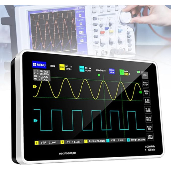 RANRAO 1013D digitālais osciloskops Digitālais portatīvais atmiņas osciloskops ar 2 kanāliem, 100 MHz joslas platums, 1GSa/s paraugu ņemšanas ātrums 7 collu TFT LCD skārienjūtīgais ekrāns, FFT displeja funkcija, iebūvēta baterija