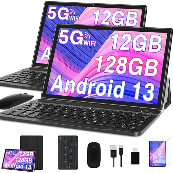 GOODTEL 2024 Jaunākais planšetdators 10 collu Android 13 ar 12GB RAM + 128GB ROM 1TB TF, 5G+2.4G WiFi, GPS, Bluetooth 5.0, 6000mAh, Dual Camera 8+5MP, Cast, OTG, Type C, ar korpusu, tastatūru un peli - melns