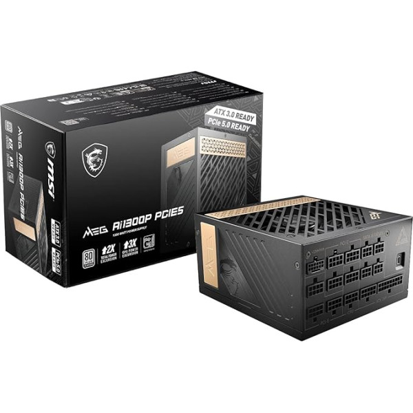 MSI MEG Ai1300P PCIE5 barošanas bloks, ES kontaktdakša, 1300 W, 80 Plus Platinum, pilnībā modulārs ATX 3.0, atbalsta PCIe 5.0 GPU, japāņu kondensatori, Gaming Intelligence, apvalkoti kabeļi