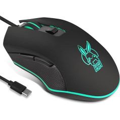 IULONEE Wired Gaming Mouse USB C zema trokšņa līmeņa pele ar 7 krāsām, fona apgaismojumu, optisko C tipa spēļu peli ar 2400 DPI un 6 pogām, kas paredzēta datoriem, klēpjdatoriem, galddatoriem, datoriem Mac Black