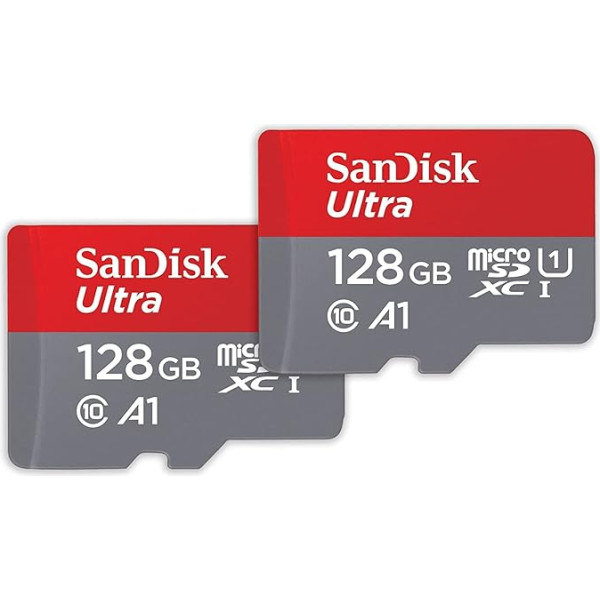 SanDisk Ultra microSDXC UHS-I atmiņas karte 128 GB + SD adapteris 2 gab. (viedtālruņiem un planšetdatoriem, A1, 10. klase, U1, Full HD video, līdz 140 MB/s lasīšanas ātrums) 10 gadu garantija