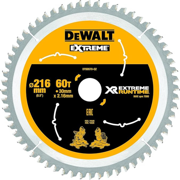 Dewalt XR Extreme Runtime DT99570 ripzāģa asmens (216/30 mm, 60 WZ/FZ, 7°, īpaši smalkiem griezumiem, izmantošanai stacionārajiem zāģiem (akumulatora), kokam ar naglu, iepakojumā 1 gab.