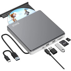 BUNUD išorinis CD/DVD diskas, USB 3.0 ir C tipo nešiojamasis CD DVD įrašymo įrenginys su SD TF lizdu ir 2 USB prievadais, plonas išorinis DVD diskas, skirtas nešiojamiesiems kompiuteriams, PC, iMac, Apple Windows