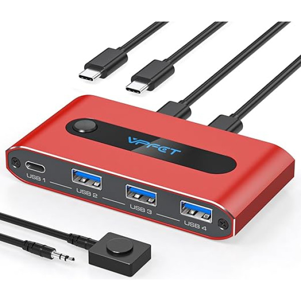 CMSTEDCD 10Gbps USB C Switch 2 PC Share 4 USB 3.2 portu USB C komutators datoram, kas paredzēts datoram, klēpjdatoram, koplietošanai, tastatūrai, pelei, tīmekļa kamerai, bez video pārraides un PD uzlādes ar 2 USB C uz C datu kabeļiem.