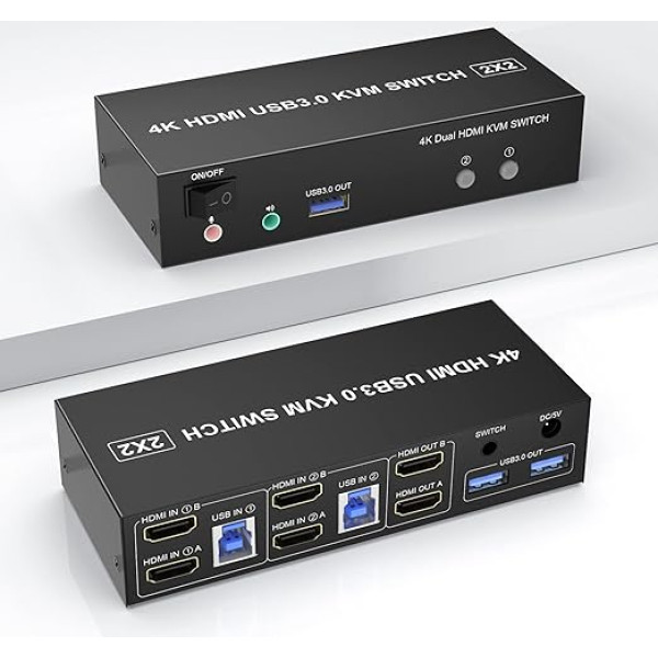 USB 3.0 HDMI divu monitoru KVM slēdzis ar 2 pieslēgvietām, 4K @ 60Hz HDMI KVM slēdzis 2 datoru 2 monitoriem un 3 USB 3.0 pieslēgvietām, audio mikrofona izeja