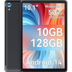 Cheerjoy Android planšetdators, 10,1 collu planšetdators ar astoņkodolu procesoru, 1280 x 800 IPS HD skārienjūtīgais ekrāns, 10 GB RAM, 128 GB ROM, 1 TB TF karte ar iespēju paplašināt, 5G/2.4G WiFi, BT 5.0, dubulta kamera (melns)