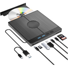 Ārējais CD/DVD ierakstītājs 7 in 1 USB 3.0 C tipa CD/DVD+/-RW DVD ierakstītājs ar SD/TF karšu lasītāju Slim Fast Transmission Iebūvēts USB kabelis Windows 11/10/8/7/XP Vista Linux Mac OS