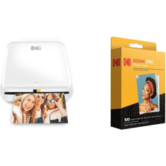 KODAK Step Printer bezvadu mobilais fotoprinteris ar cinka tehnoloģiju (balts) un 2 x 3 augstākās kvalitātes cinka fotopapīru (100 lapas), kas saderīgs ar Kodak PRINTOMATIC, Kodak Smile un Step kamerām un printeriem