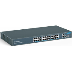 YuanLey 24 portu PoE komutators ar 2 Gigabit Ethernet pieslēgvietām, 2 SFP pieslēgvietām, 400 W PoE+ pieslēgvietu, kas atbilst 802.3af/at, nepārvaldāms tīkla komutators ar AI Watchdog, VLAN, pagarināts līdz 250 m, uzstādāms statīvā, Plug and