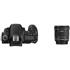 Canon EOS 90D spoguļkameras korpuss un EF-S 10-18 mm F4.5-5.6 is STM īpaši platleņķa objektīvs (67 mm filtra vītne), melns