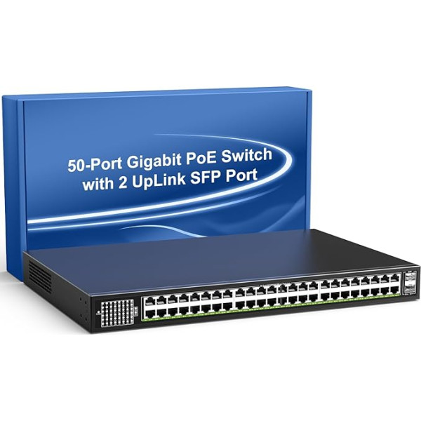 48 portu gigabitu PoE komutators bez vadības ar 2 x 1000Mbps Uplink SFP pieslēgvietu, VIMIN 50 portu PoE Ethernet komutators atbalsta IEEE802.3af/at, 100 Gbit/s komutatora kapacitāte, 400 W jauda, Plug and Play