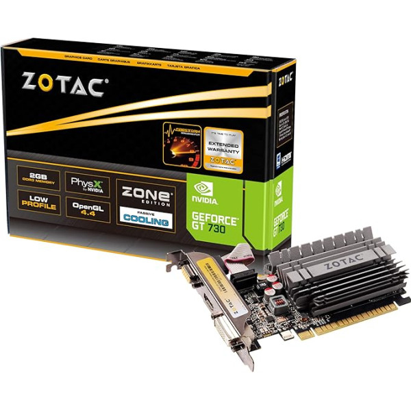 Zotac GeForce GT 730 Zone Grafiskā karte (NVIDIA GT 730, 2GB DDR3, 64bit, Base-Takt 902 MHz, 1,6 GHz, DVI, HDMI, VGA, pasīvs)