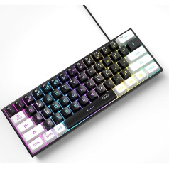 MageGee Mini spēļu tastatūra 60% RGB aizmugures apgaismojums 61 taustiņš Ultra kompakta tastatūra TS91 Ergonomiska, ūdensizturīga, mehāniskā, Xbox One spēlētājiem (balta, melna)