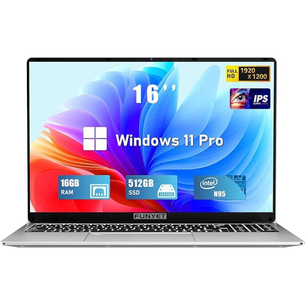 FUNYET 16 collu klēpjdators, Celeron N95 klēpjdators (līdz 3,4 GHz), 16 GB DDR4 512 GB SSD FHD 1920 x 1200, 180° rotācija (N5095/N4020)